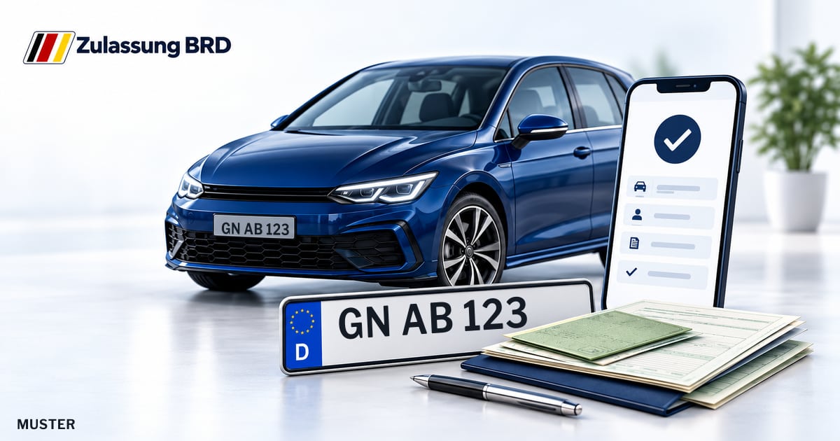 Online Fahrzeugzulassung in Schöneck: Musterkennzeichen GN AB 123, Auto und Fahrzeugpapiere und Smartphone. Illustration mit Logo von Zulassung BRD.